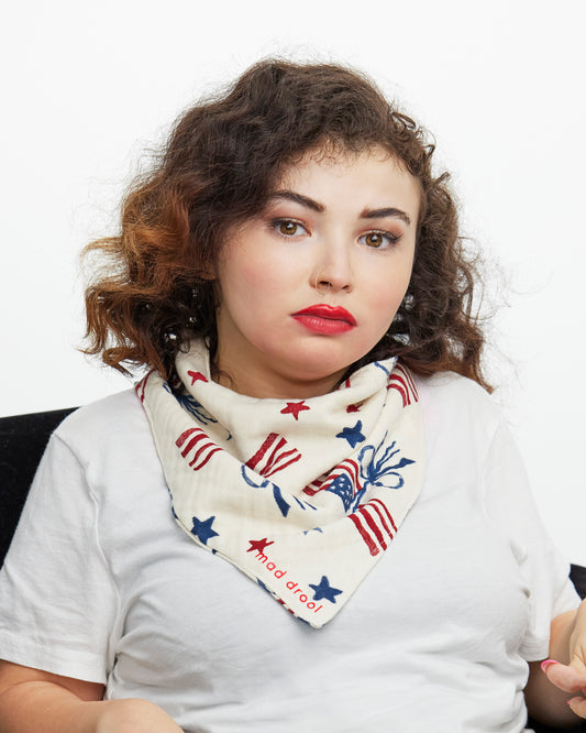 Triangle Reversible Bandana Bib with Snaps- Americana Flags & Bows Print